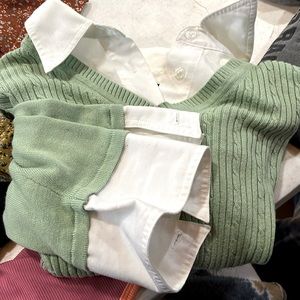 collared long sleeve cropped shirt with vest attached